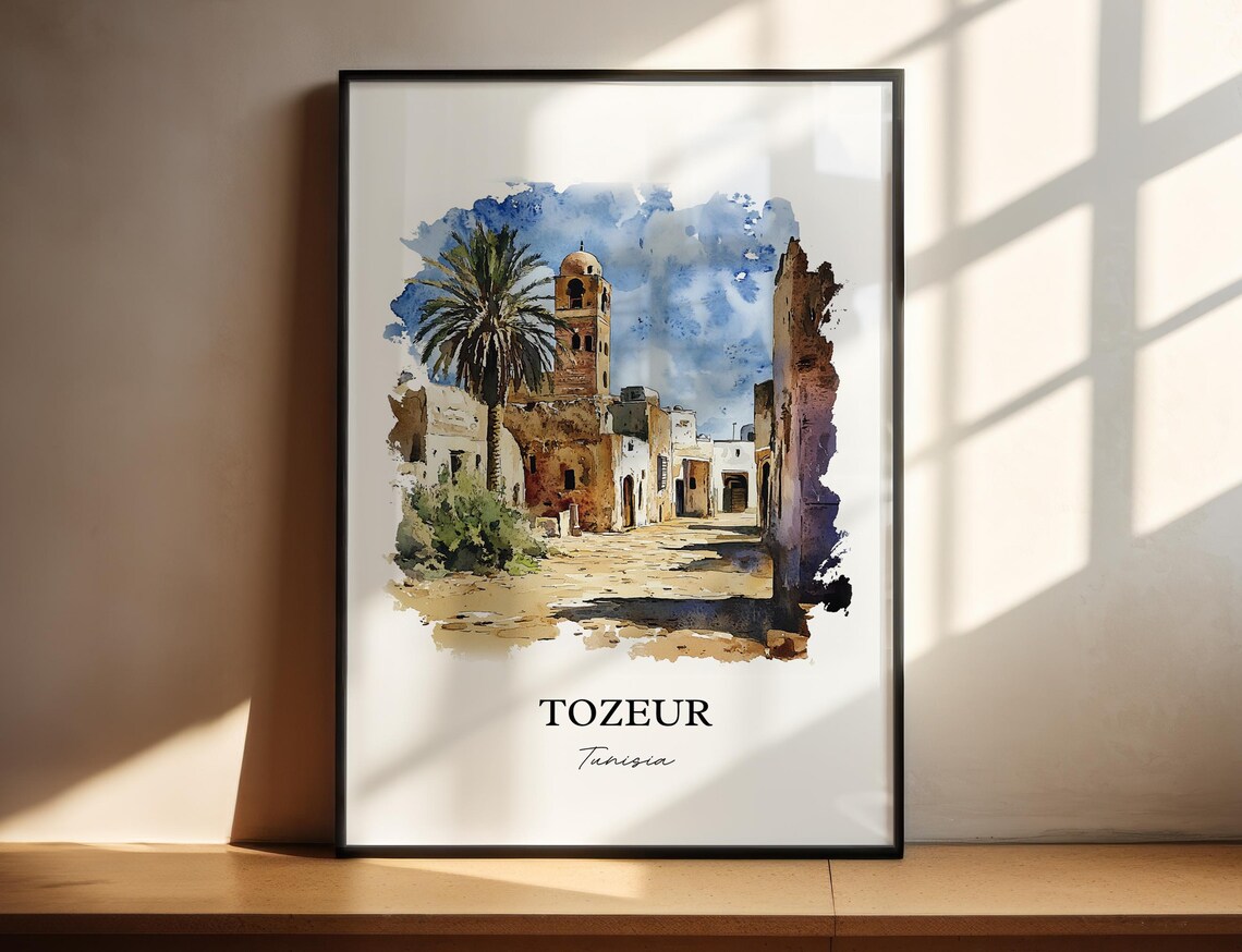 Tozeur Tunisia Old Desert Town Tower Palm Watercolor Travel Poster