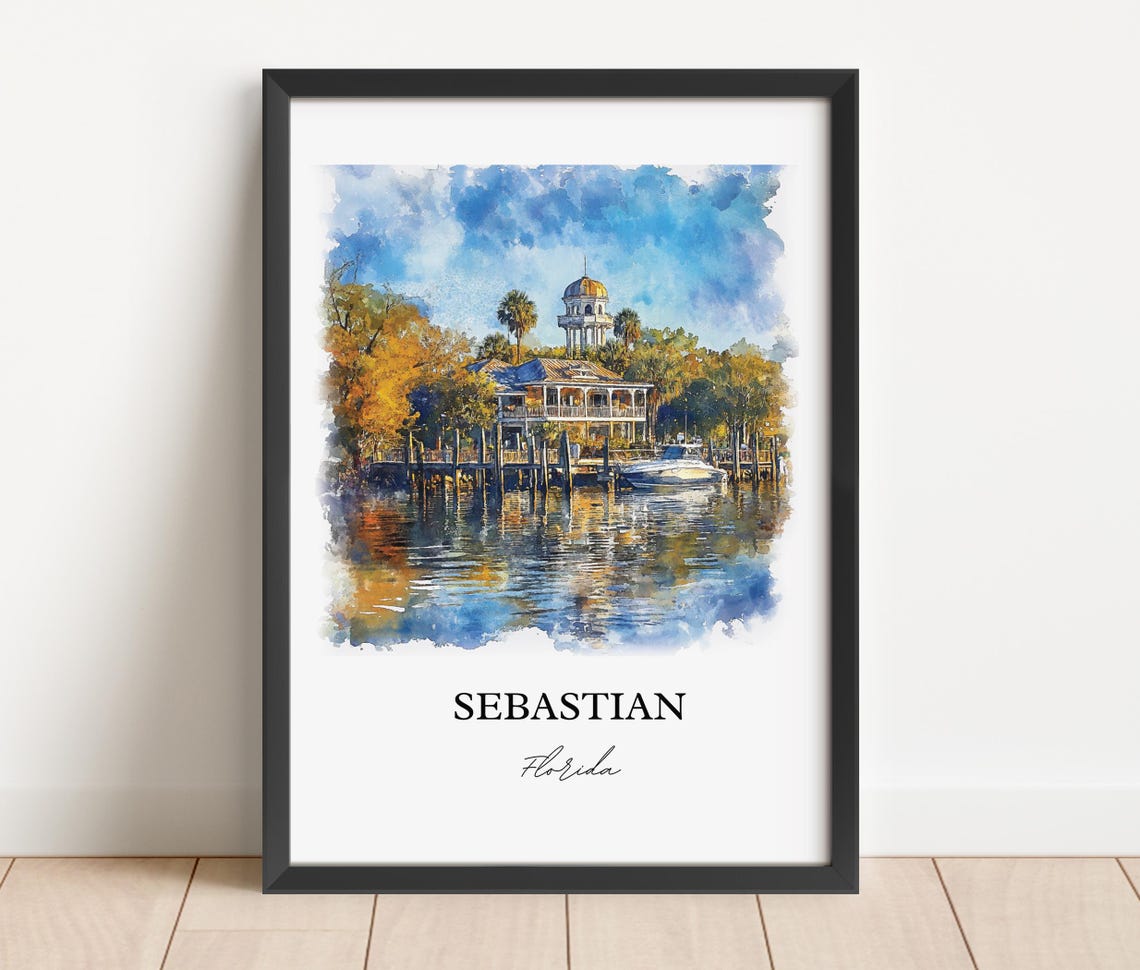 Sebastian Florida Riverfront Waterfront Boat Harbor Watercolor Poster - Image 2