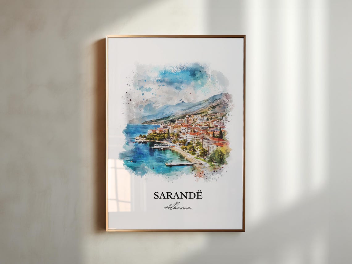 Sarande Albania Coastal Bay Watercolor Skyline Travel Art Wall Poster - Image 4