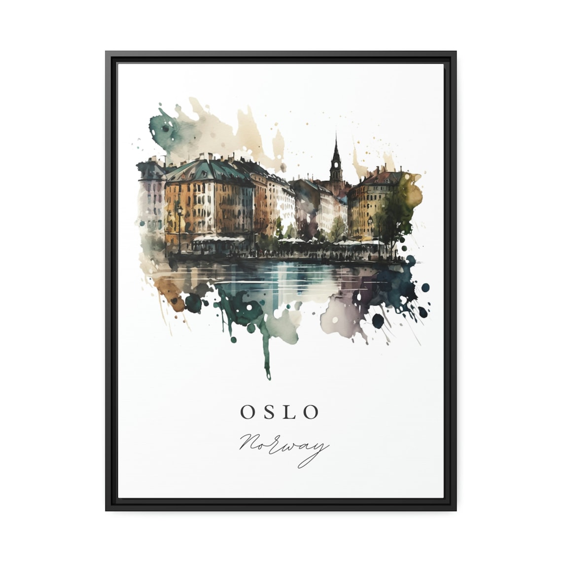 Oslo Norway Harbor Waterfront Historic Watercolor City Travel Poster