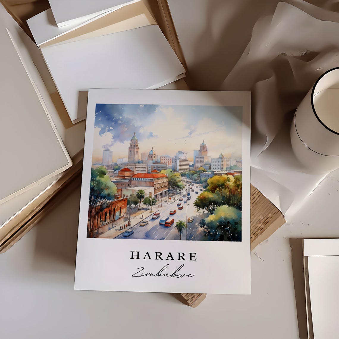 Harare Zimbabwe Watercolor Cityscape With Busy Street Poster - Image 2