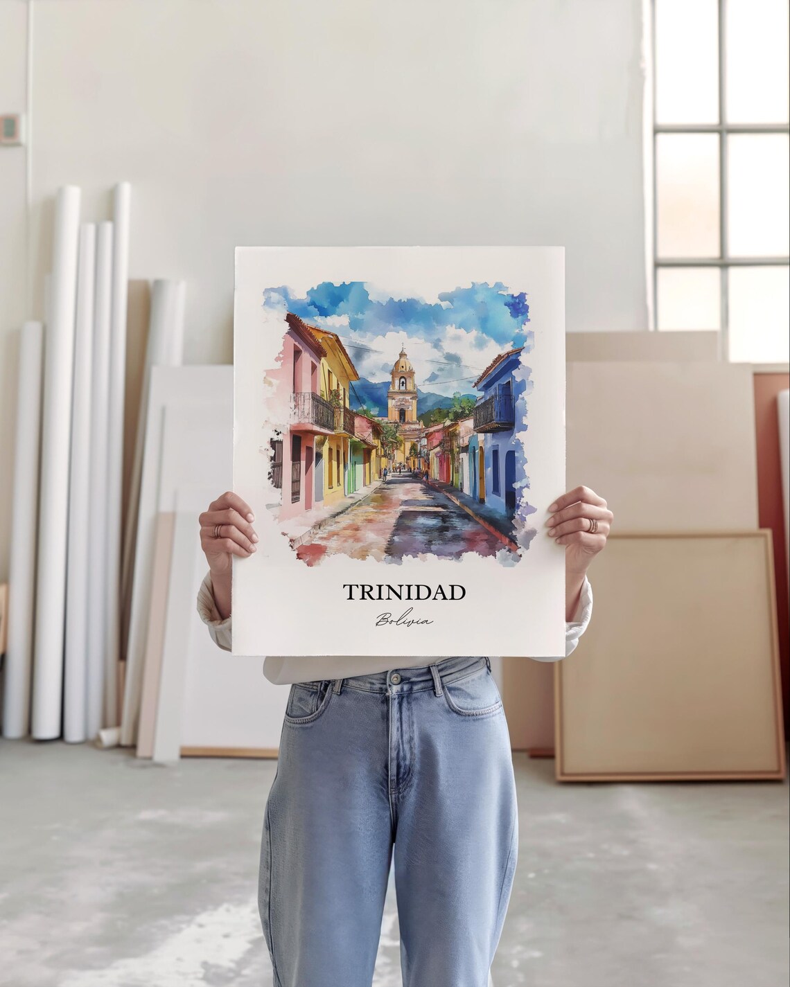 Trinidad Bolivia Watercolor Colonial Street Church Travel Poster - Image 4