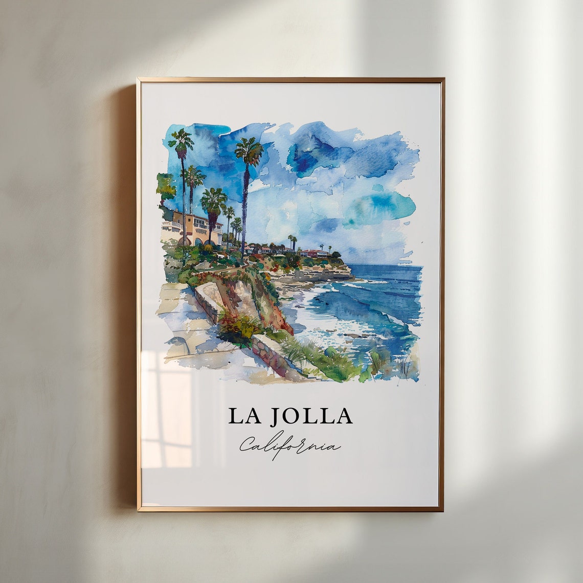La Jolla California Seaside Cliff Palms Watercolor Art Poster