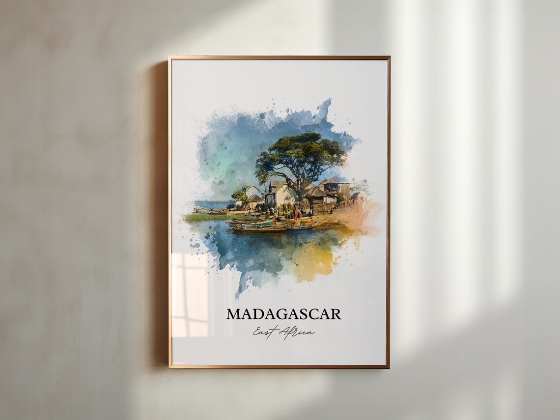 Madagascar East Africa Fishing Pirogue Village Watercolor Poster - Image 6