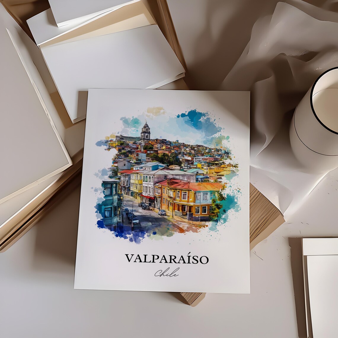 Valparaiso Chile Watercolor Hillside Colorful Houses Port Poster - Image 3