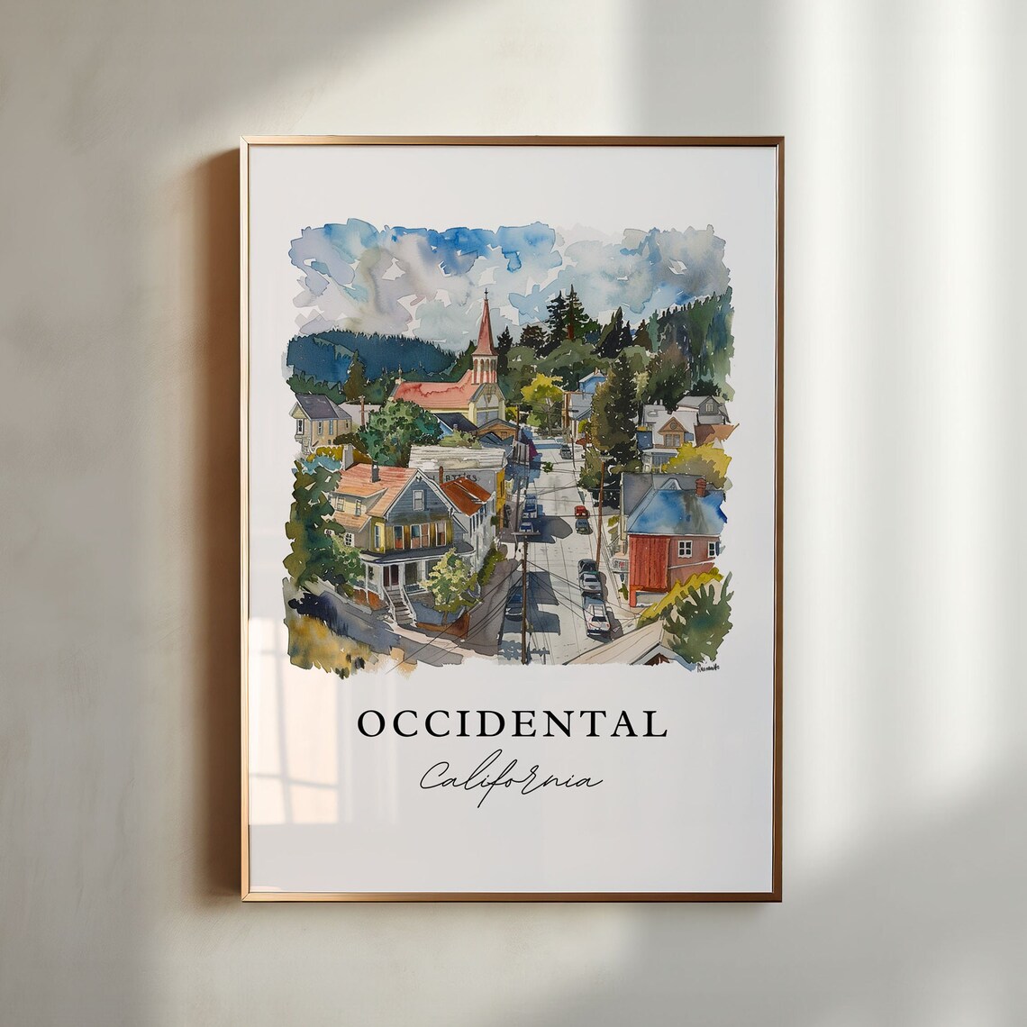 Occidental California Redwood Town Watercolor Travel Art Print