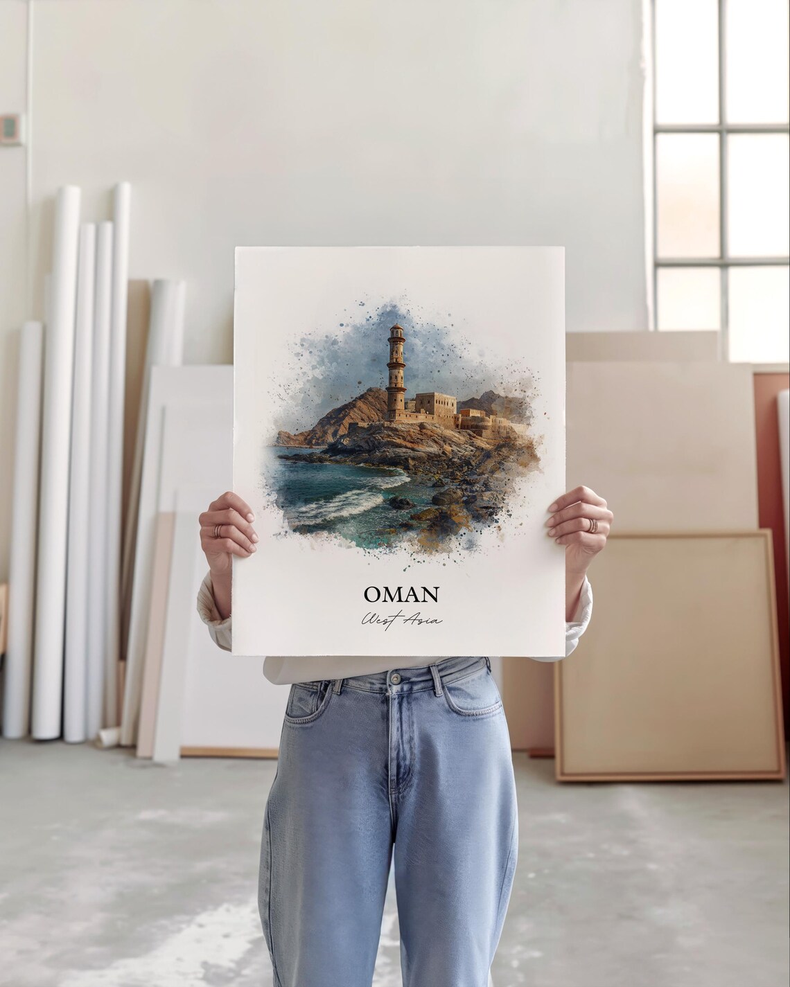 Oman West Asia Coastal Watchtower Fort Watercolor Travel Poster - Image 4
