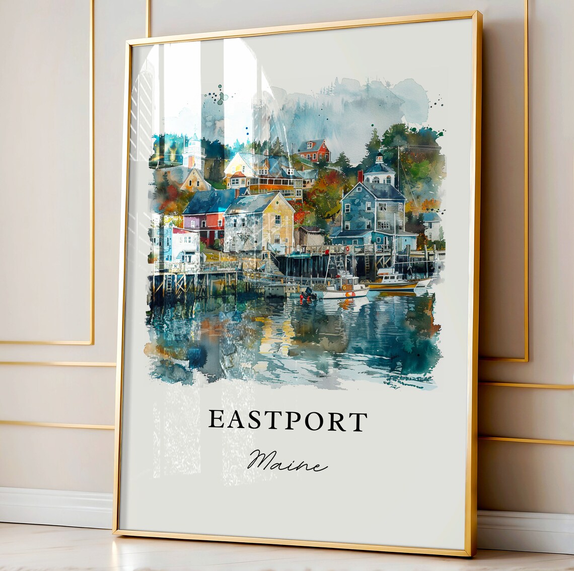 Eastport Maine Colorful Harbor Village Waterfront Watercolor Poster - Image 4