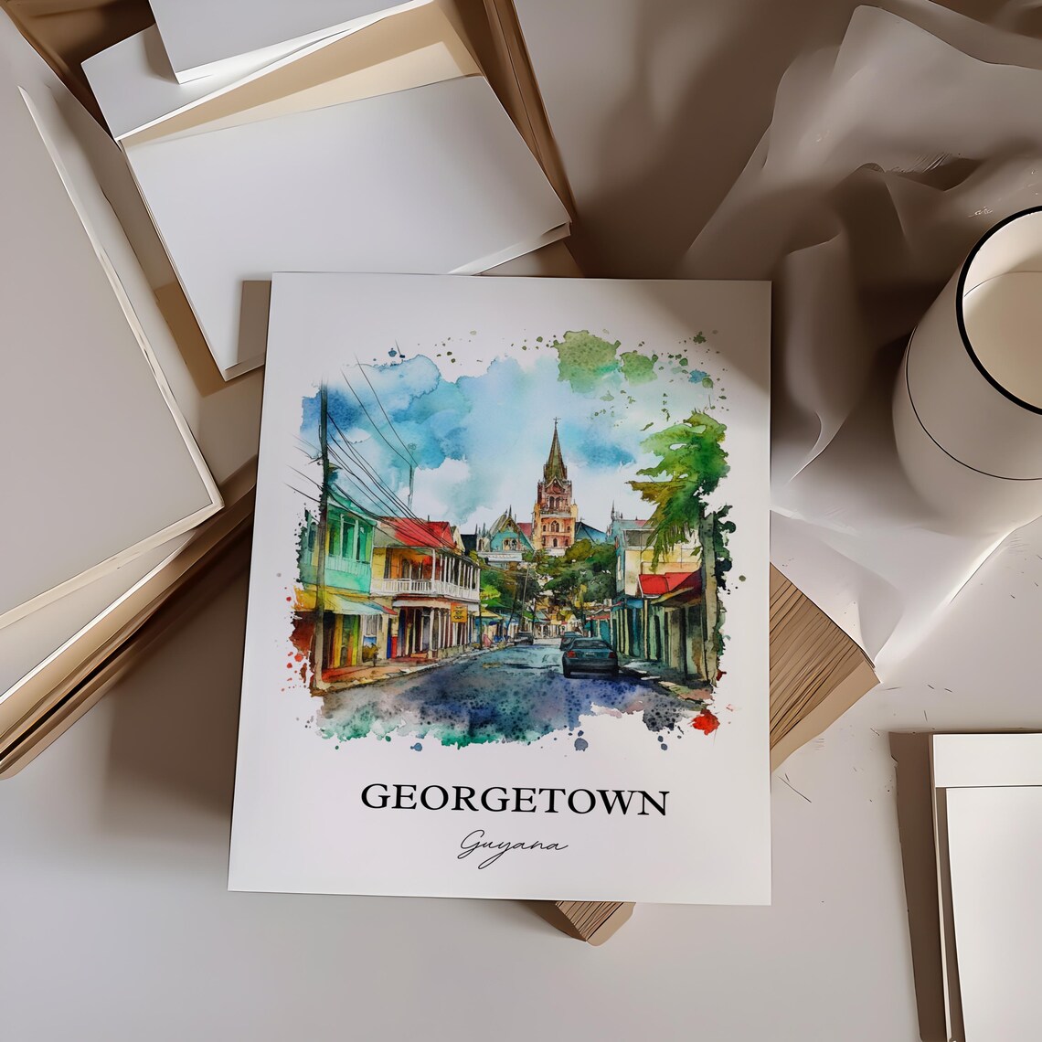 Georgetown Guyana Colorful Street Scene Watercolor Travel Poster - Image 2
