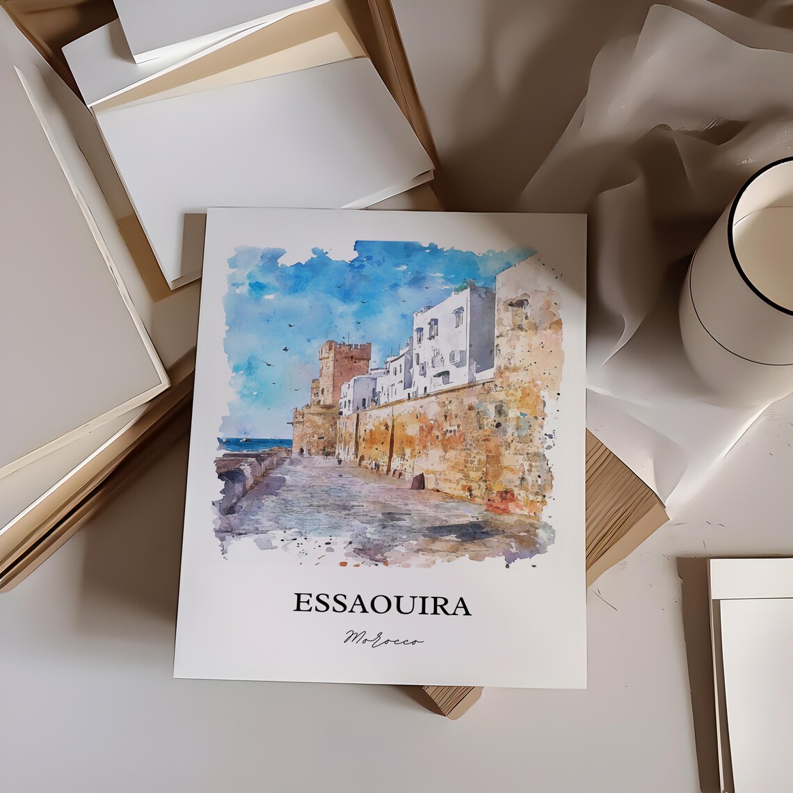 Essaouira Morocco Seaside Ramparts Old Walls Watercolor Poster - Image 4