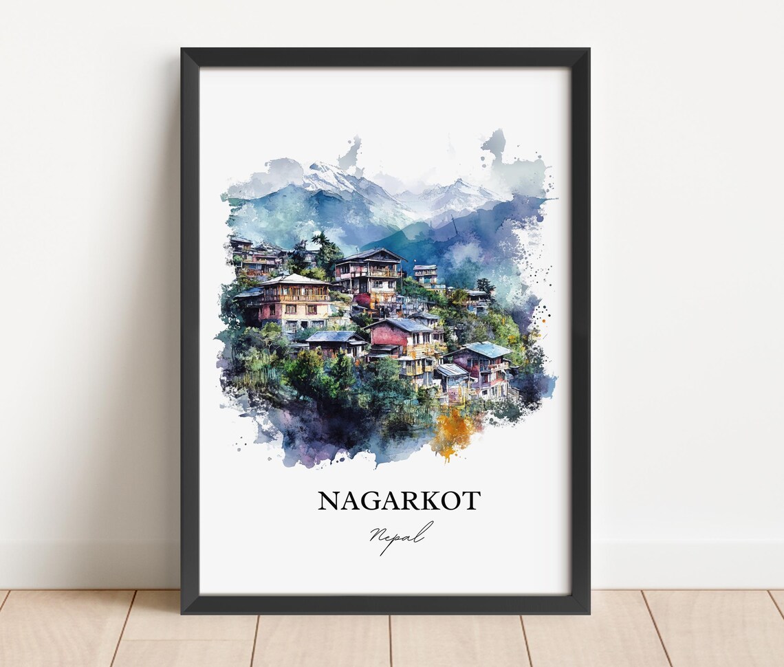 Nagarkot Nepal Watercolor Hill Village Snow Peaks Travel Poster - Image 4