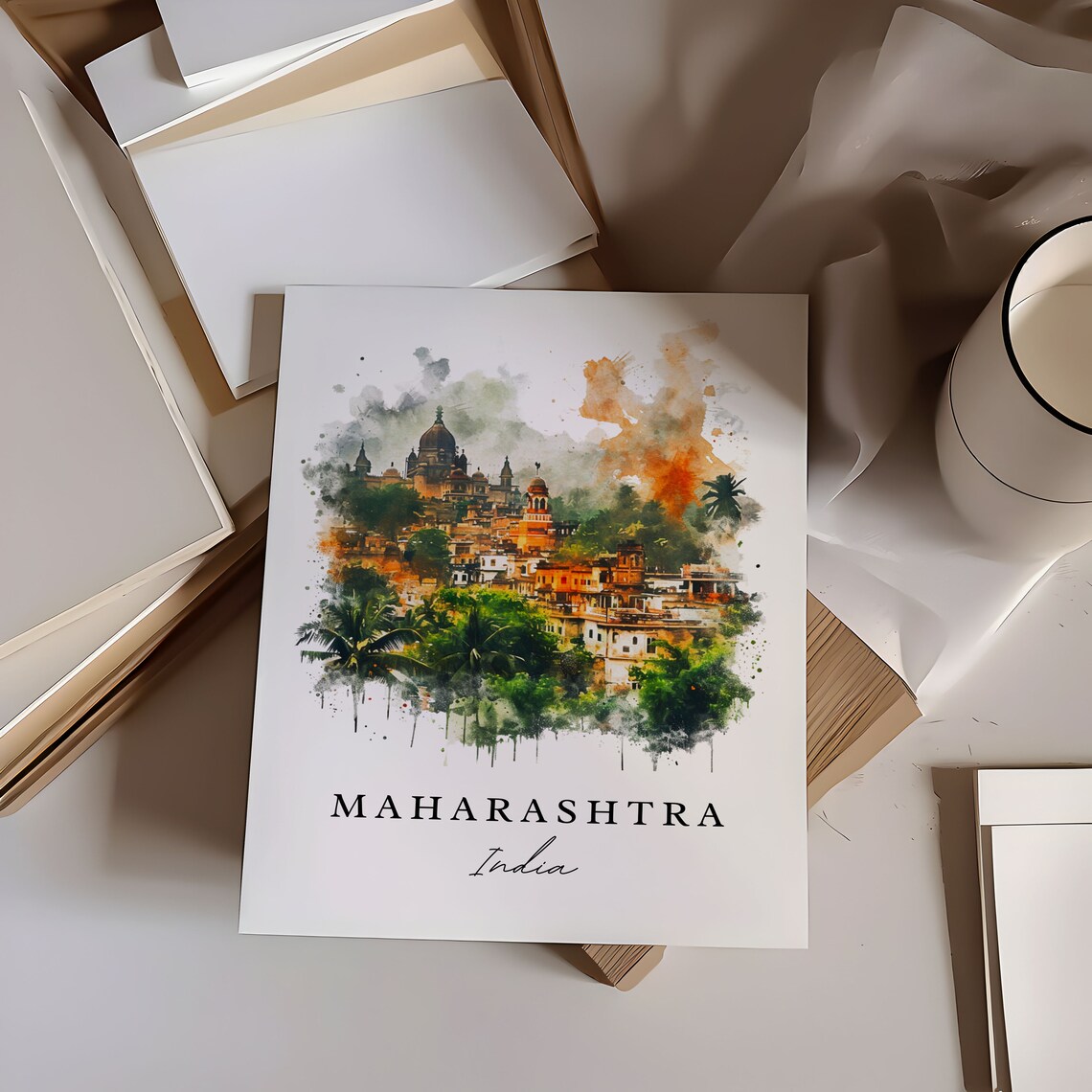 Maharashtra India Hilltop Temple Town Watercolor Travel Art Poster - Image 6