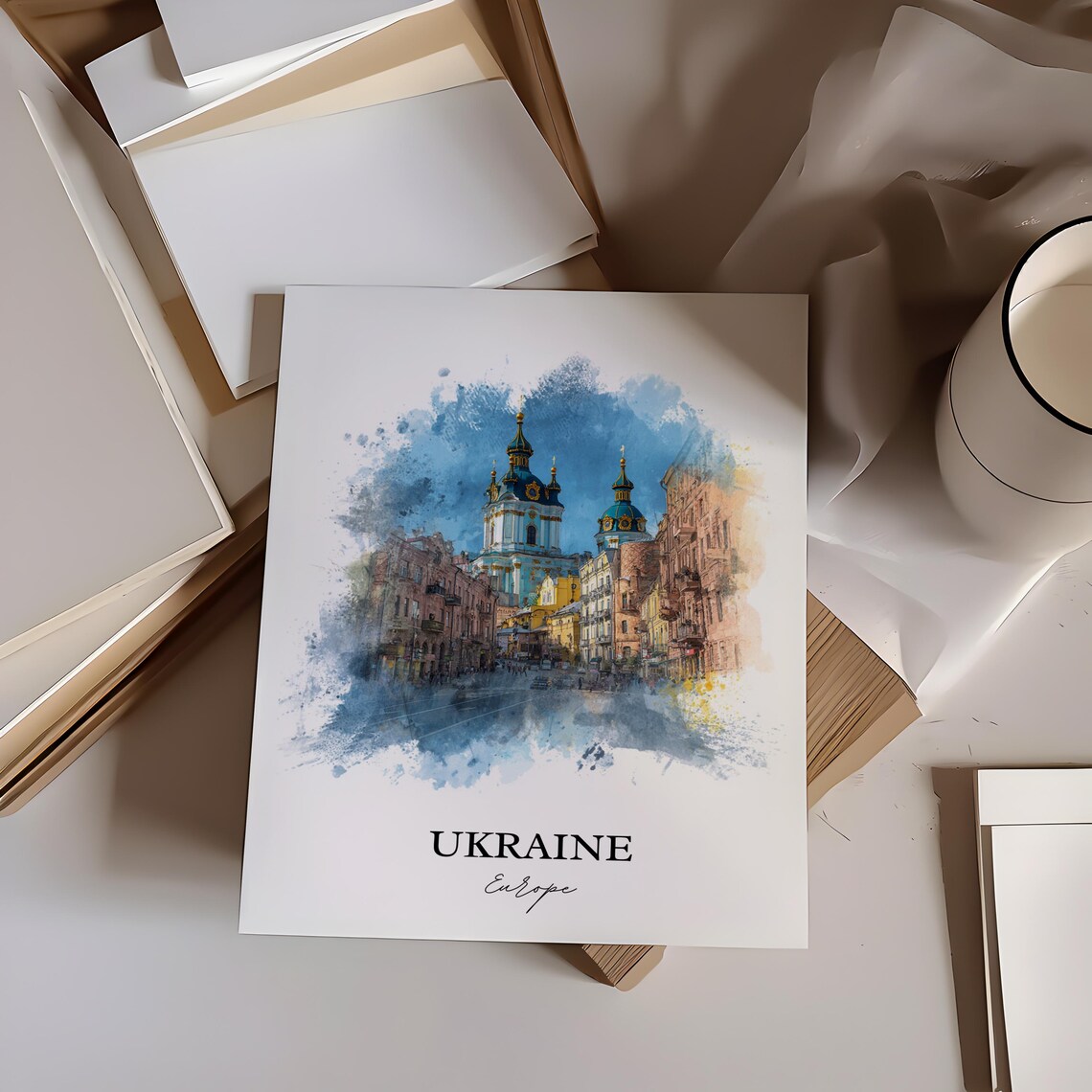 Ukraine Kyiv Blue Domed Church Watercolor Street Travel Poster - Image 4
