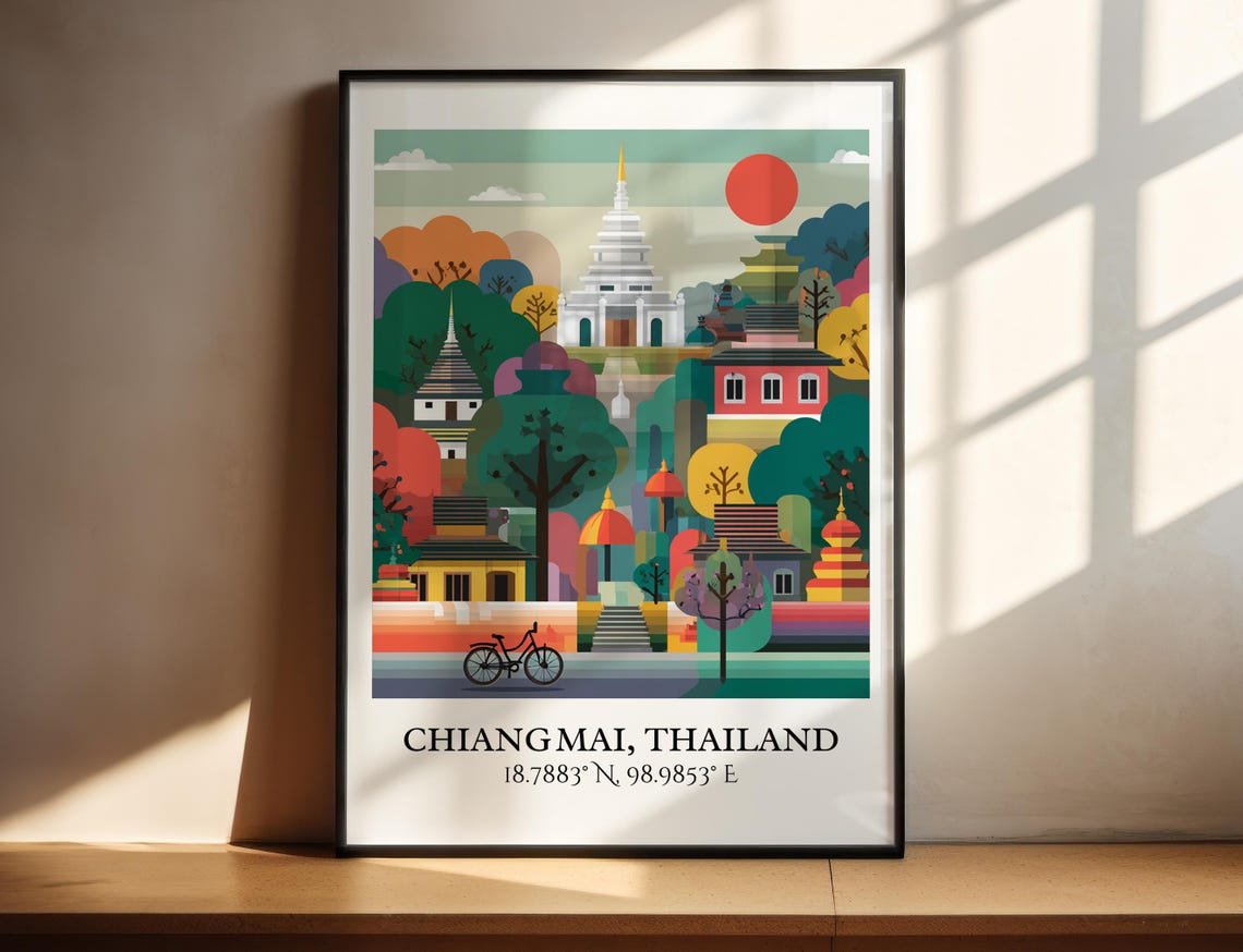 Chiang Mai Thailand Red Sunset Temple Flat Illustration Art Poster
