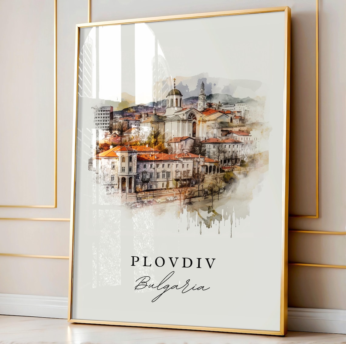 Plovdiv Bulgaria Watercolor Historic Old Town Scene Travel Poster - Image 3