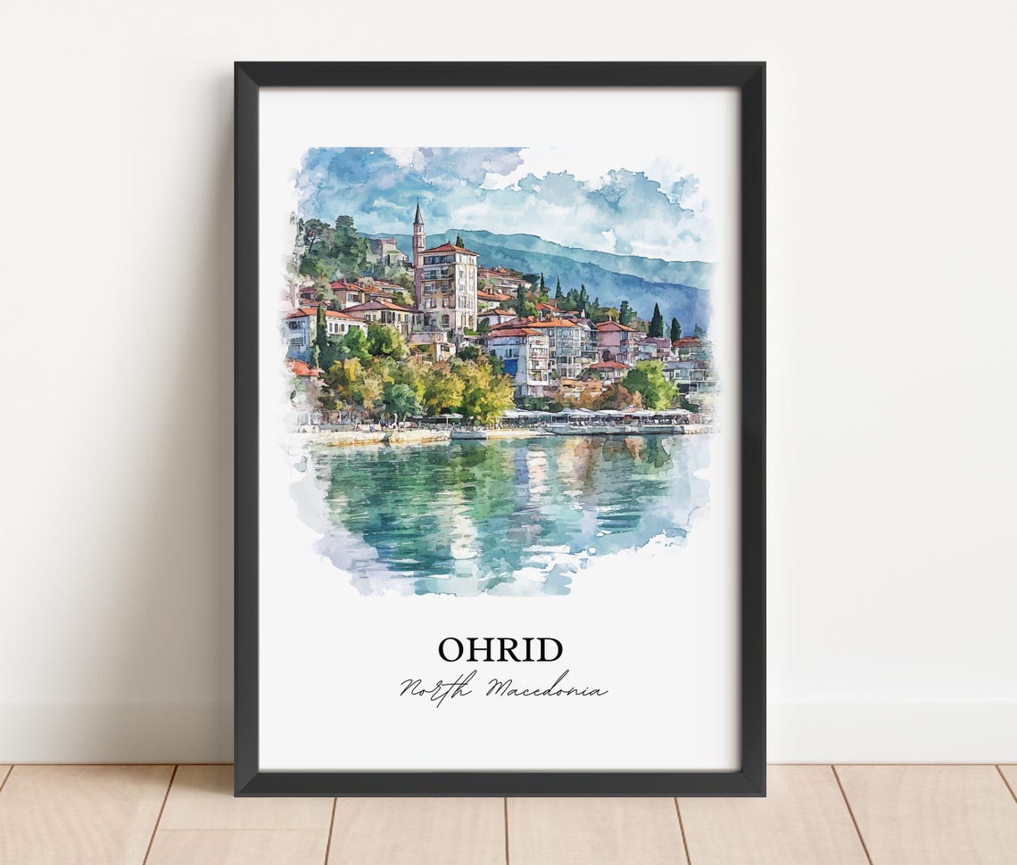 Ohrid North Macedonia Watercolor Lakeside Old Town View Poster - Image 3