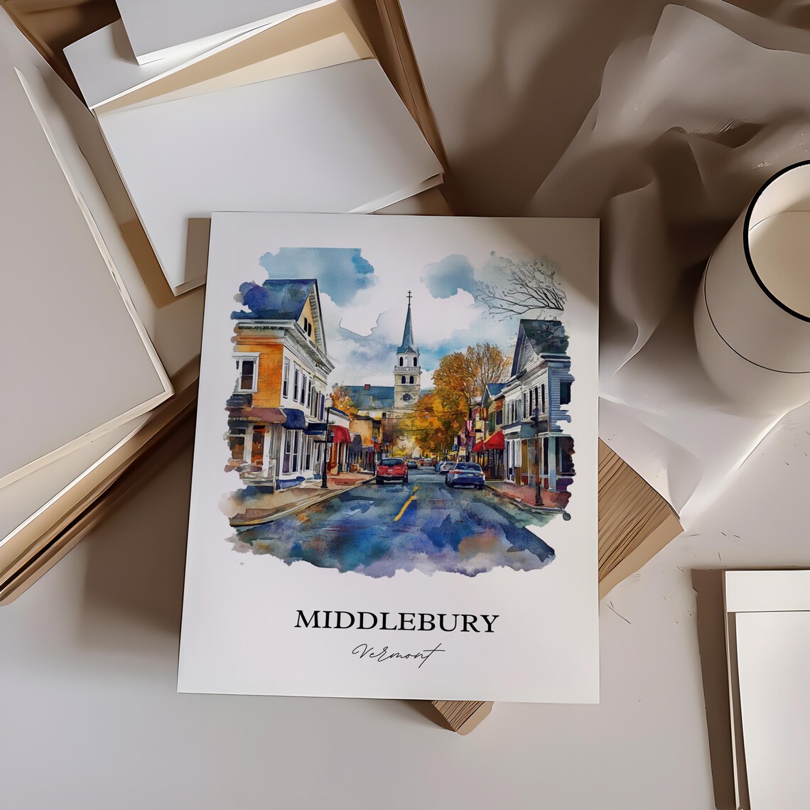 Middlebury Vermont College Town Autumn Main Street Watercolor Poster - Image 3