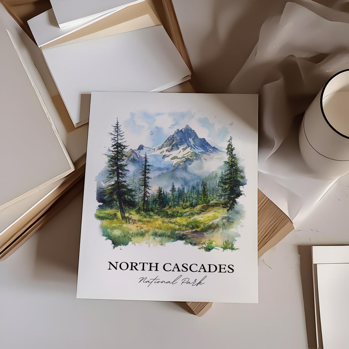 North Cascades National Park Snowy Peaks Pines Watercolor Poster - Image 3