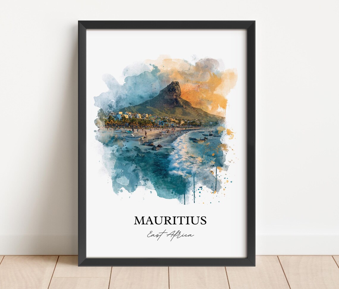 Mauritius East Africa Mountain Beach Coast Watercolor Travel Poster - Image 5