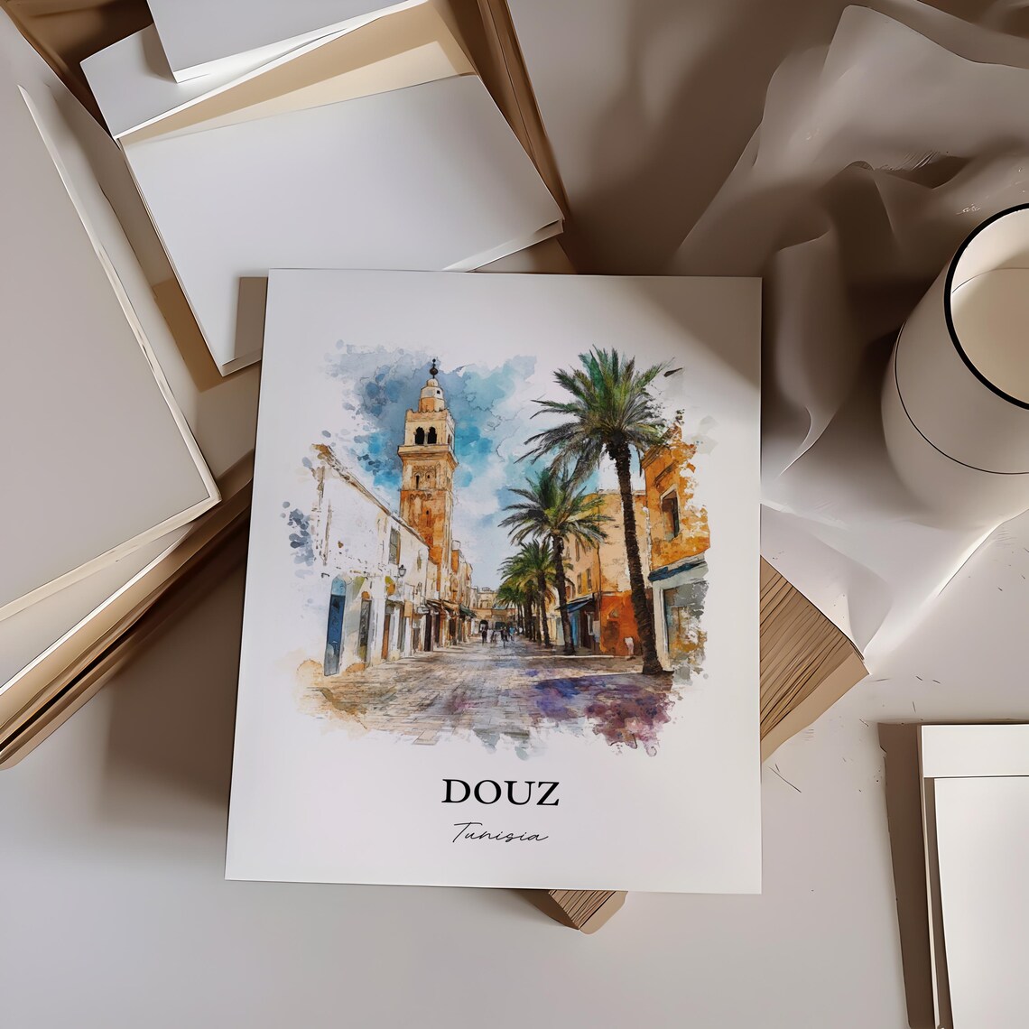 Douz Tunisia Palm Lined Desert Street Watercolor Travel Poster - Image 3