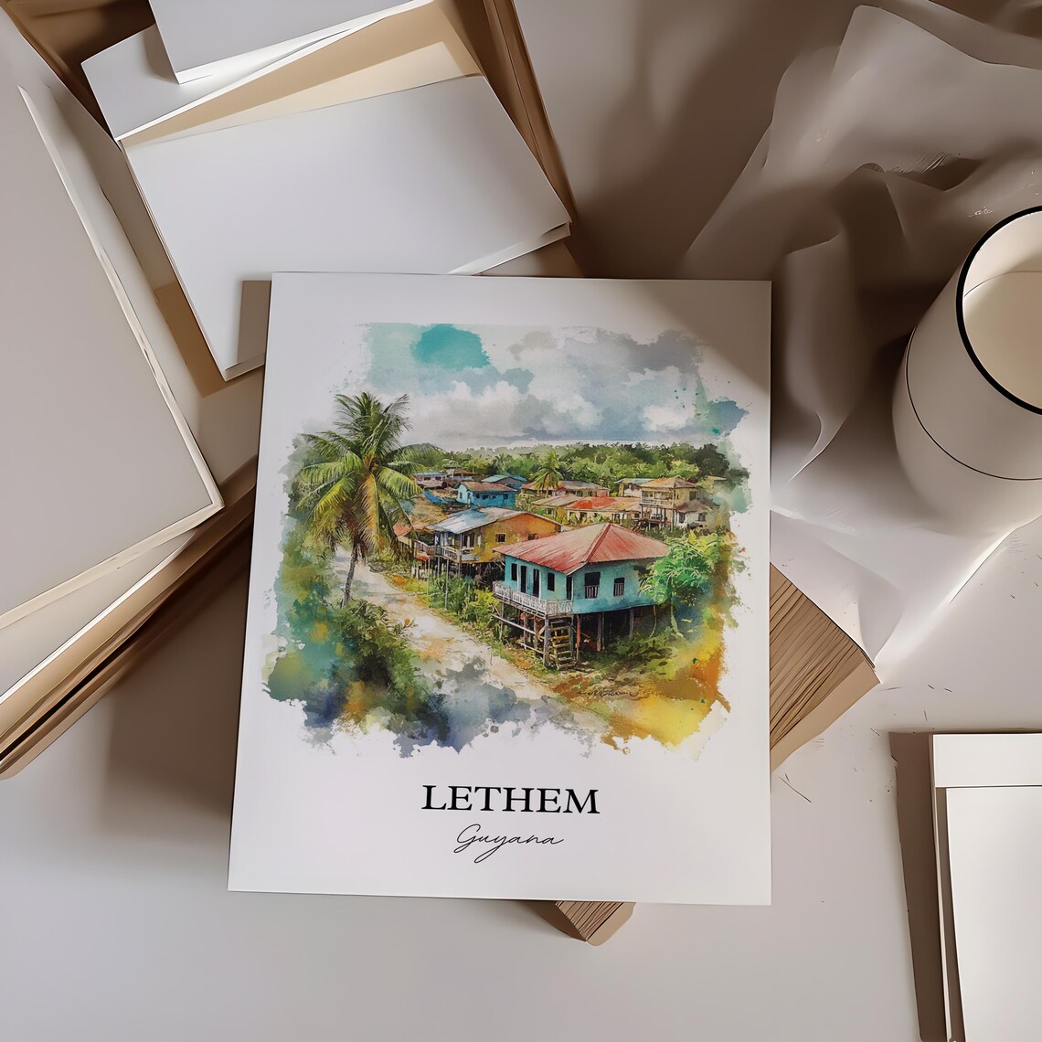 Lethem Guyana Watercolor Stilt Houses Village Tropical Poster - Image 5
