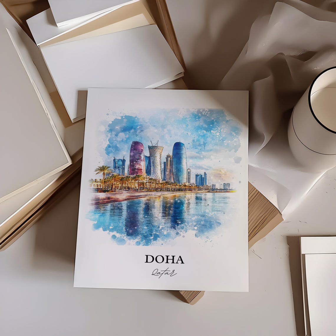 Doha Qatar Waterfront Modern Skyline Watercolor Travel Poster - Image 4