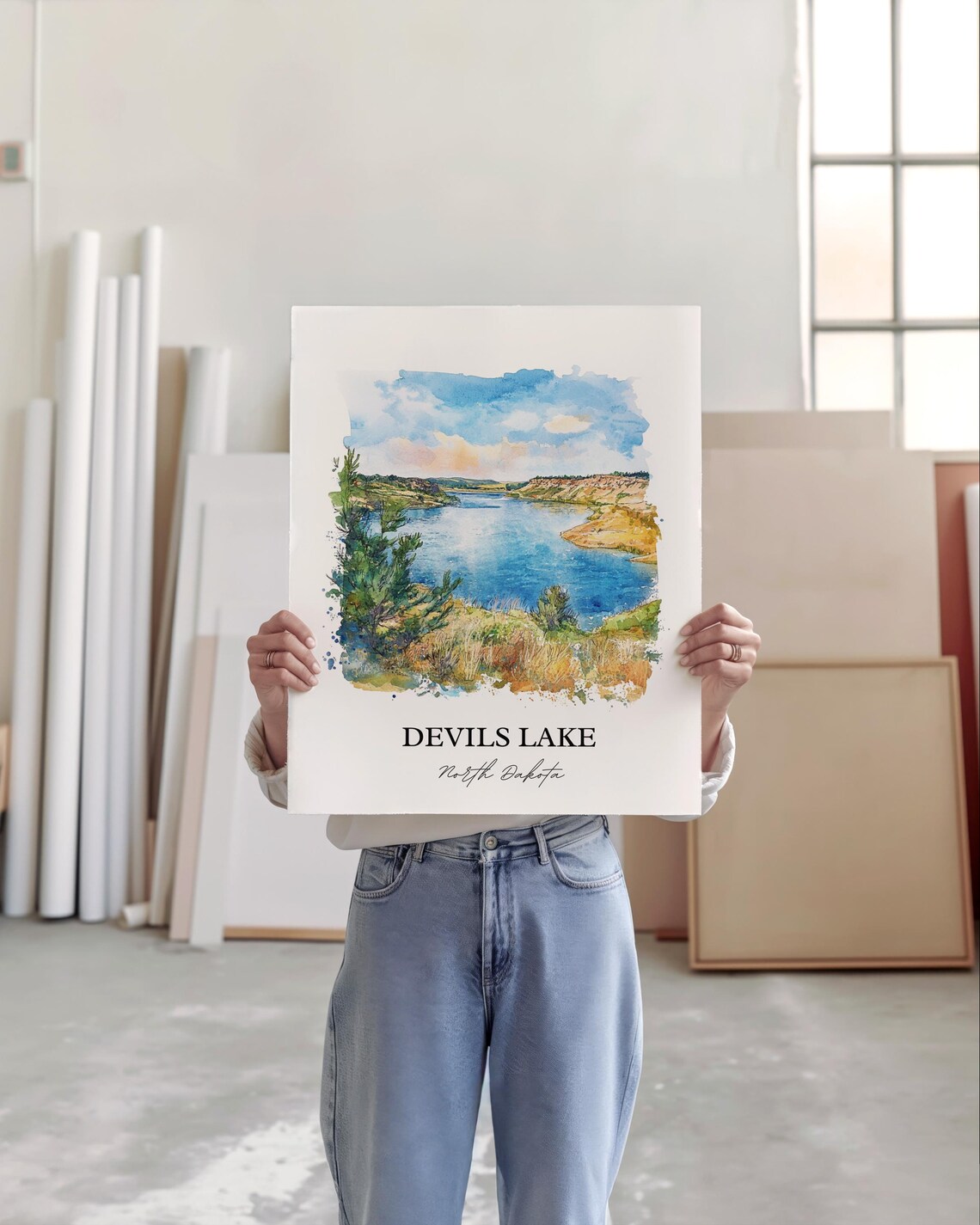 Devils Lake North Dakota Prairie Lake Watercolor Landscape Poster - Image 3