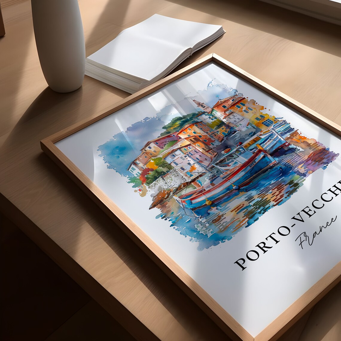 Porto Vecchio Corsica France Harbor Boats Watercolor Village Poster - Image 5