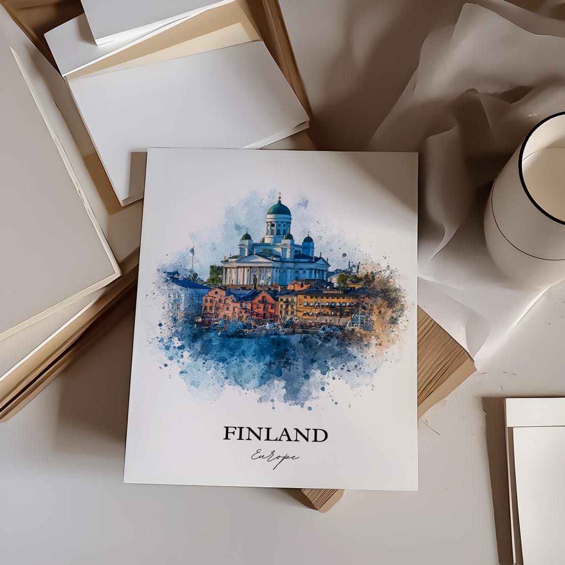 Finland Helsinki Cathedral Harbor Watercolor Europe Travel Poster - Image 3