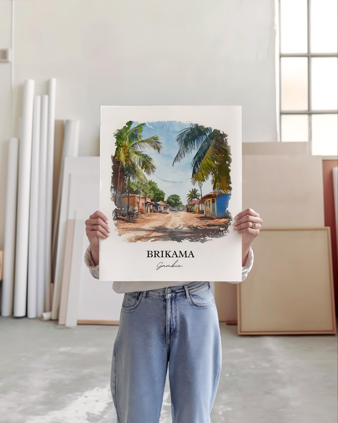 Brikama Gambia Village Road Palm Trees Watercolor Travel Poster - Image 4