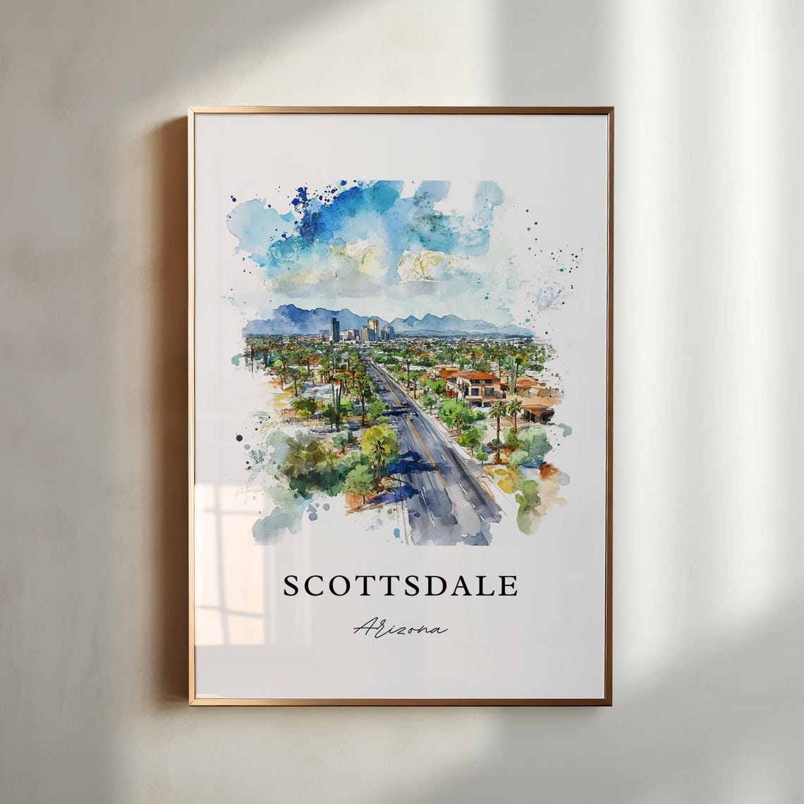 Scottsdale Arizona Watercolor Desert Palms City Avenue Skyline Poster