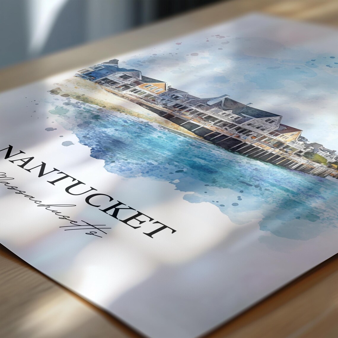 Nantucket Massachusetts Watercolor Waterfront Houses Scene Poster - Image 6