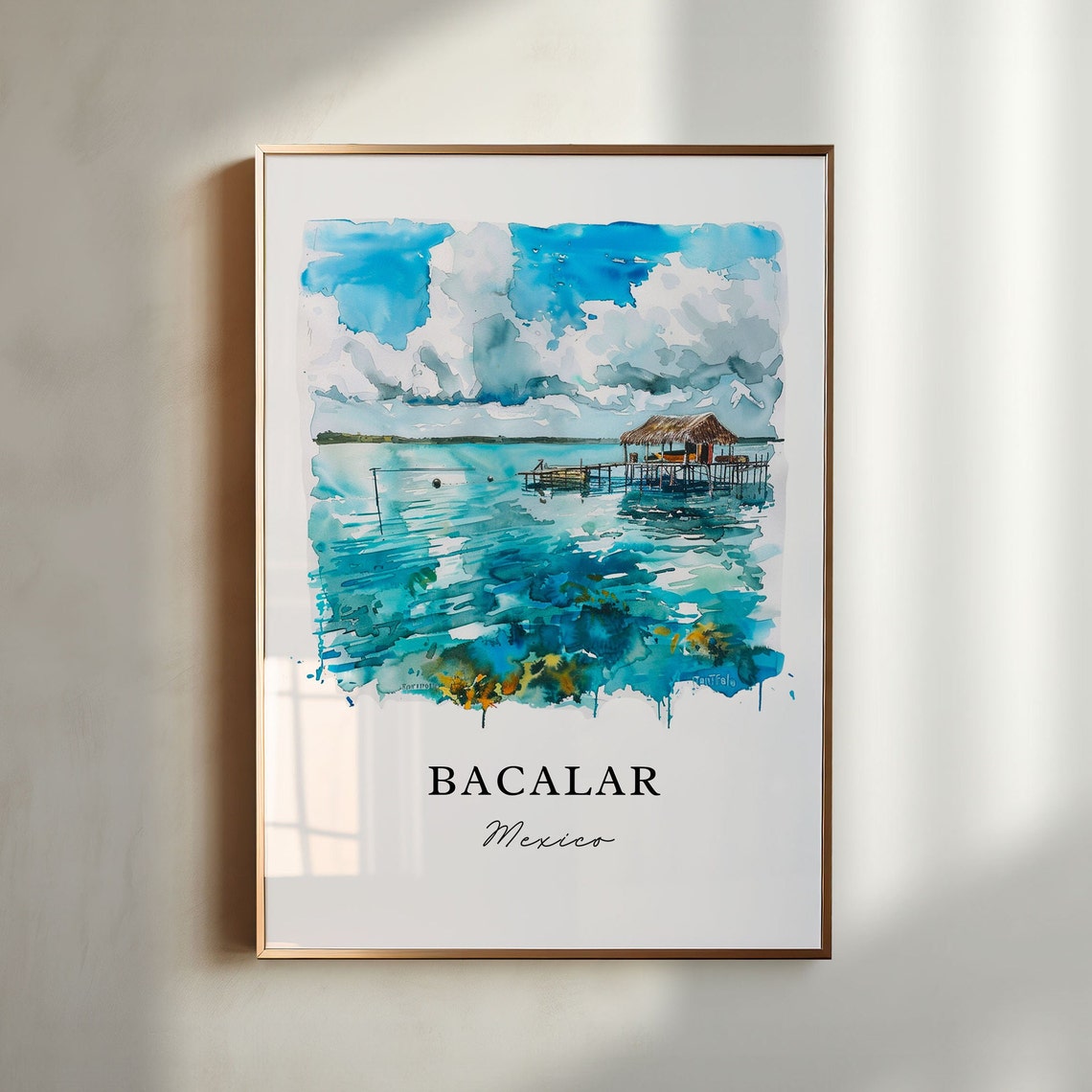 Bacalar Mexico Watercolor Turquoise Lagoon Thatched Pier Scene Print