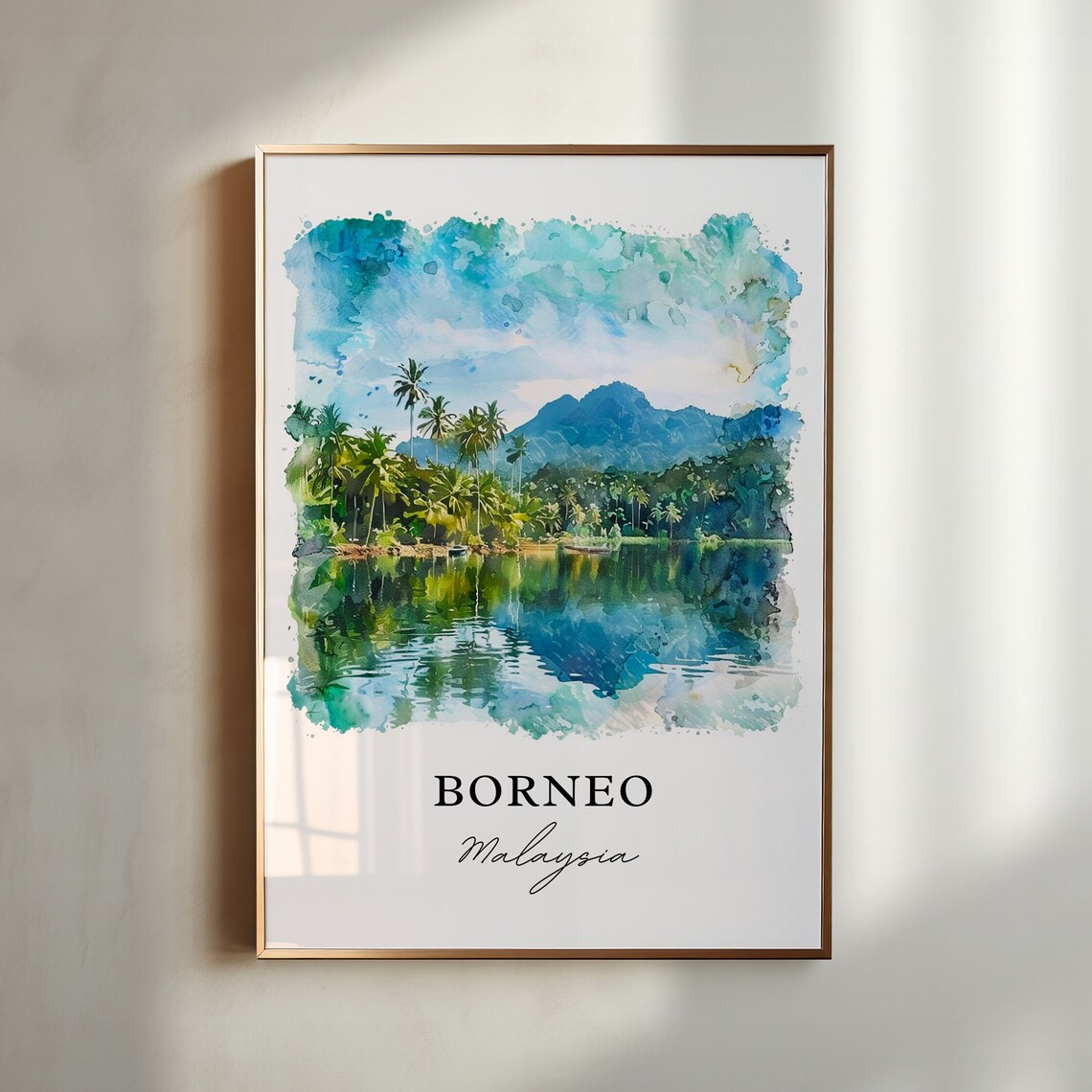 Borneo Malaysia Tropical Palms Lake Watercolor Island Travel Poster
