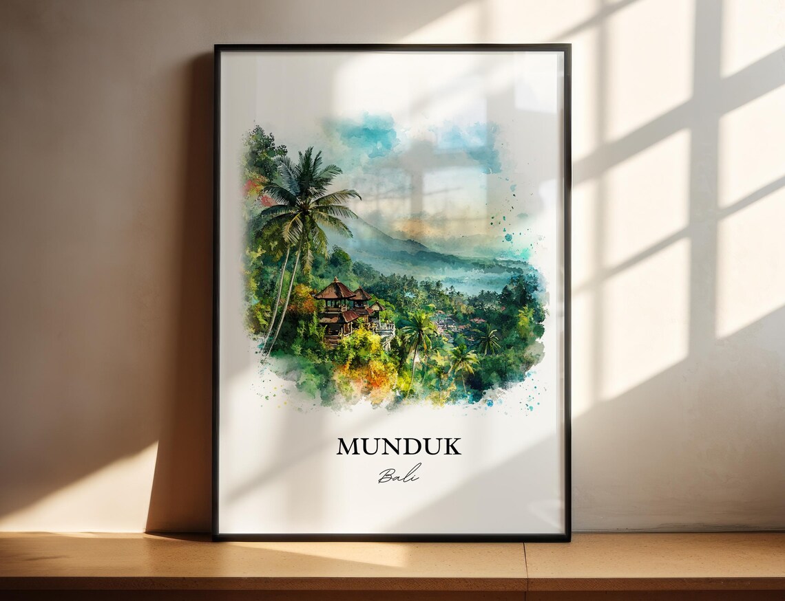 Munduk Bali Watercolor Mountain Temple Misty Jungle Art Poster