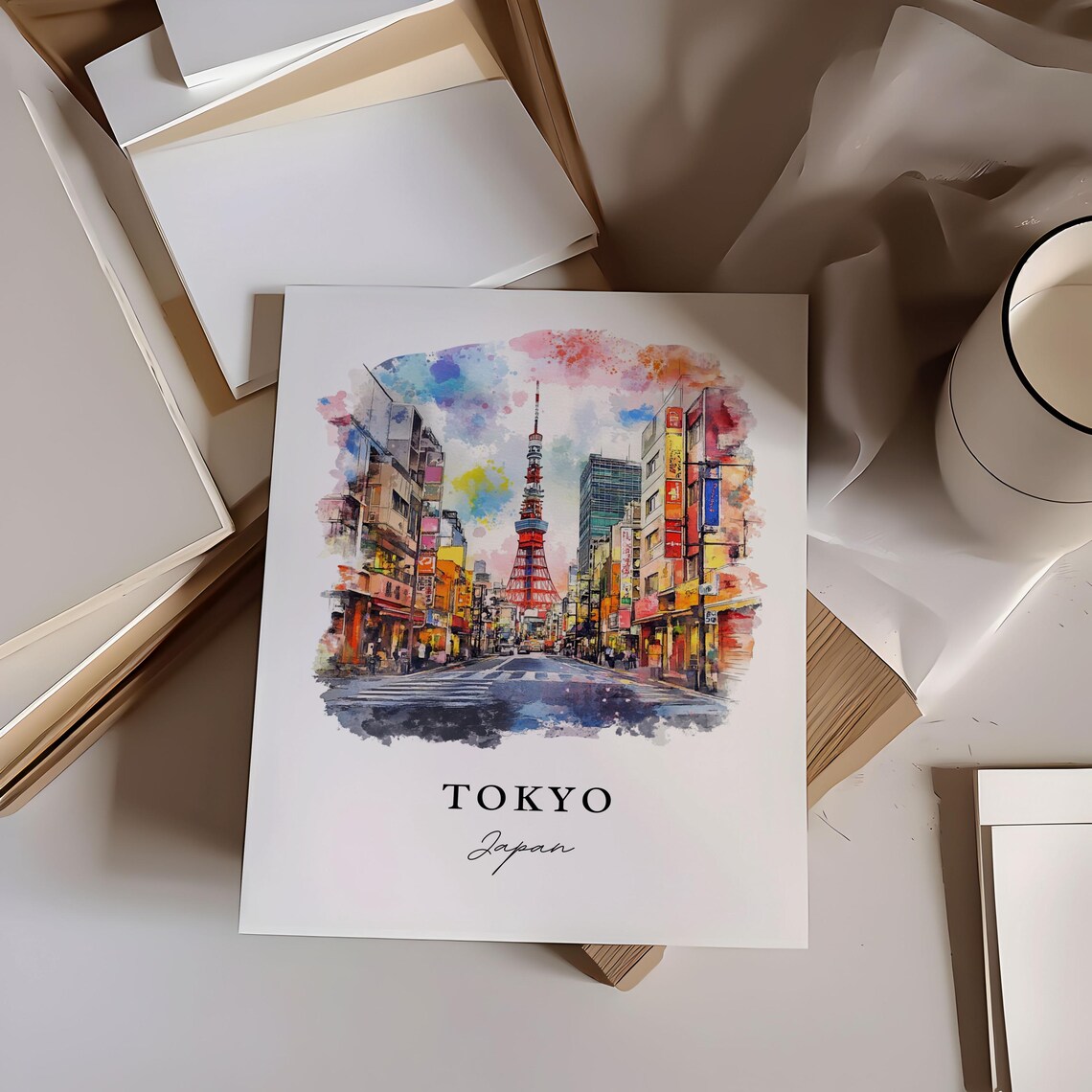 Tokyo Japan Watercolor Tokyo Tower Neon Street City Scene Poster - Image 6