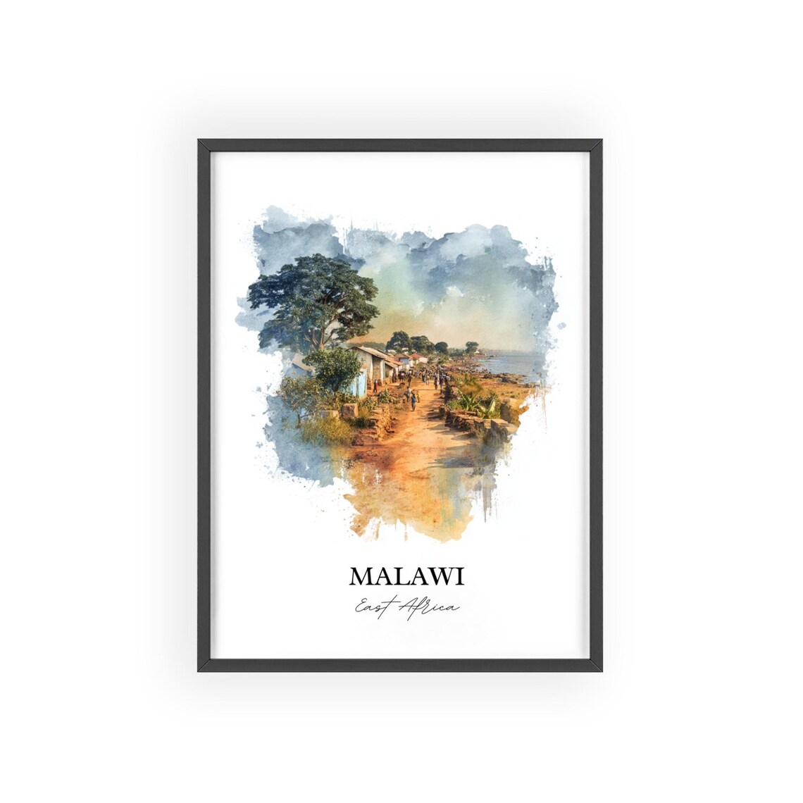 Malawi East Africa Lakeside Village Road Watercolor Travel Poster - Image 2