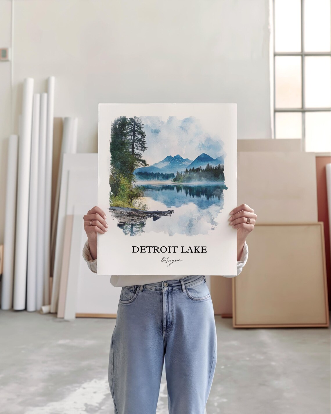 Detroit Lake Oregon Misty Mountain Lake Watercolor Travel Poster - Image 2