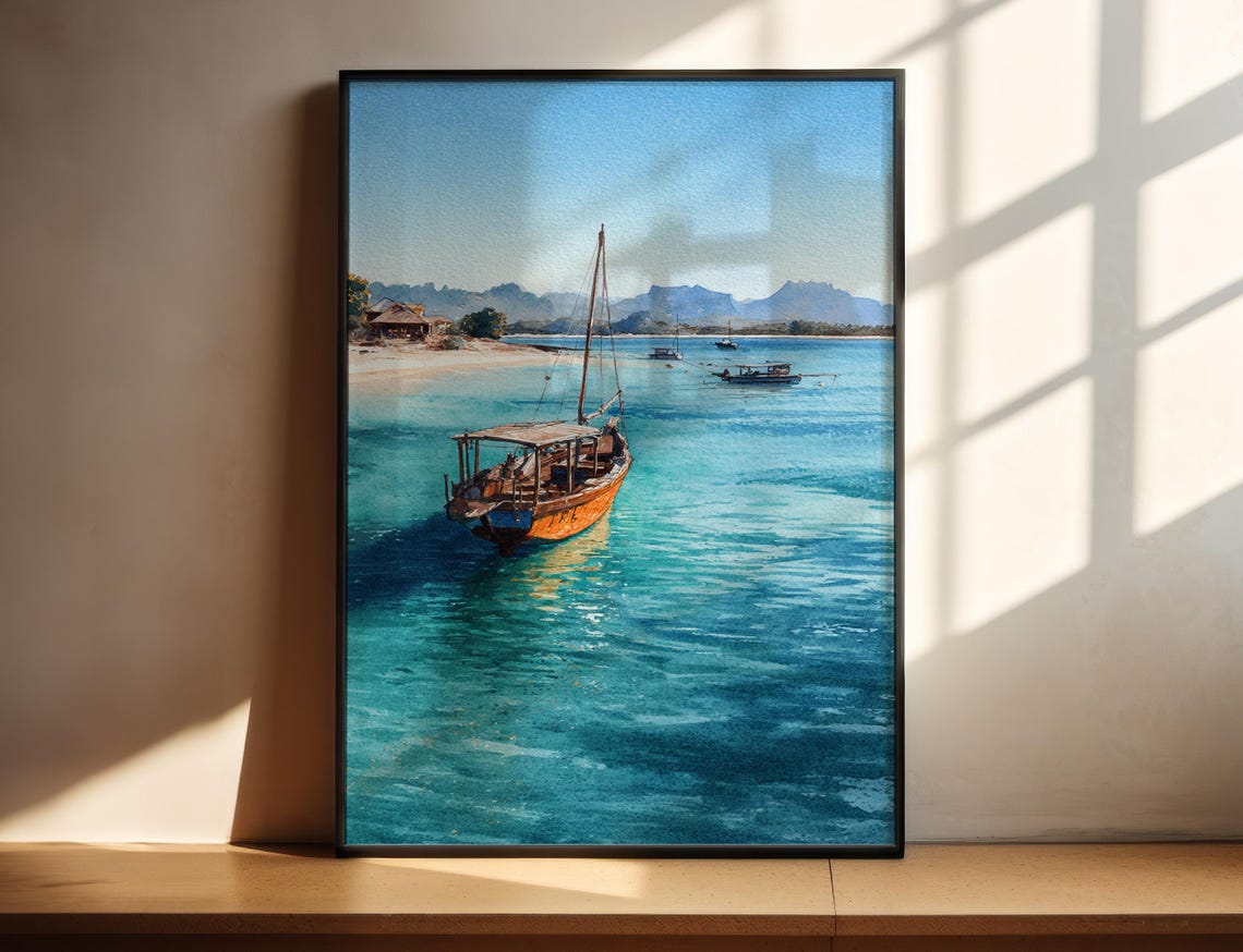 Tropical Wooden Boat Turquoise Water Watercolor Beach Poster