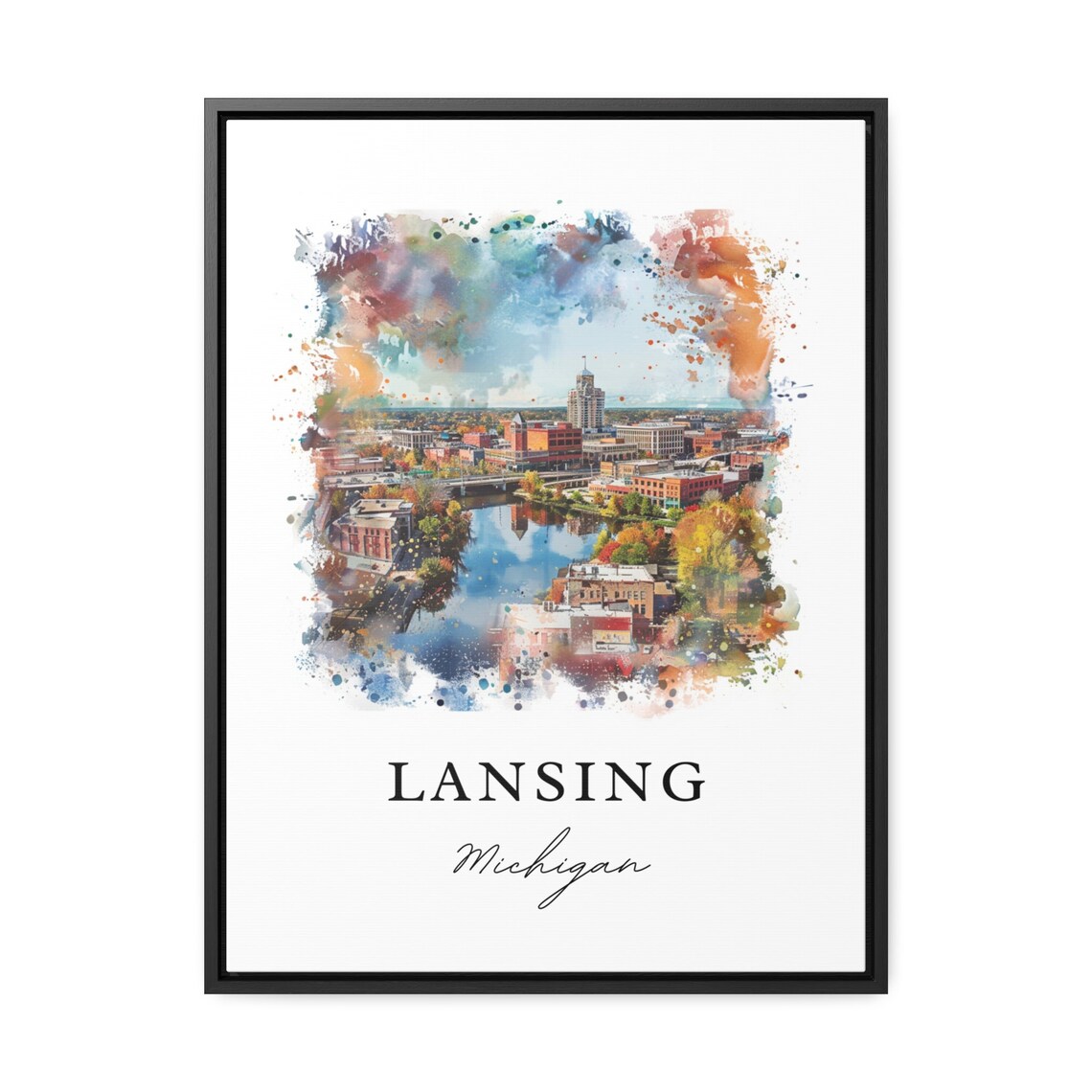 Lansing Michigan Watercolor Downtown River Autumn Scene Poster - Image 2