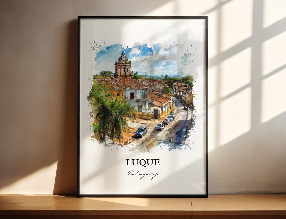 Luque Paraguay Watercolor Colonial Street Church Tower Poster