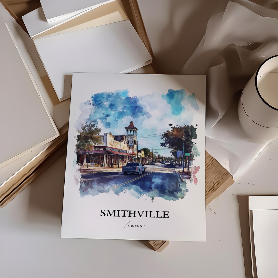 Smithville Texas Bell Tower Street Watercolor Travel Gift Poster - Image 3