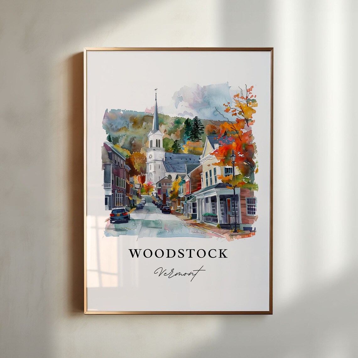 Woodstock Vermont Autumn Main Street Watercolor Travel Poster