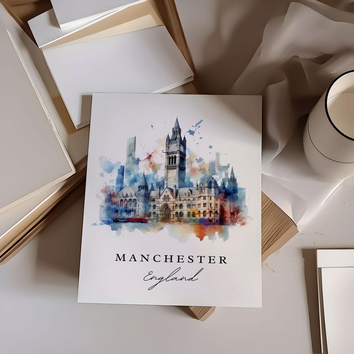 Manchester England Watercolor Travel Poster Print - Image 6