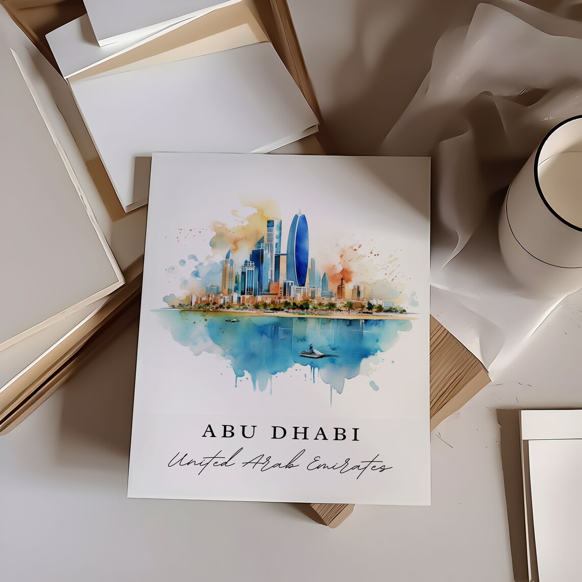 Abu Dhabi United Arab Emirates Watercolor Skyline Waterfront Travel Poster - Image 5