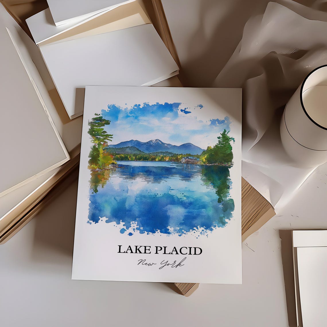 Lake Placid New York Mountain Lake Watercolor Travel Gift Poster - Image 2