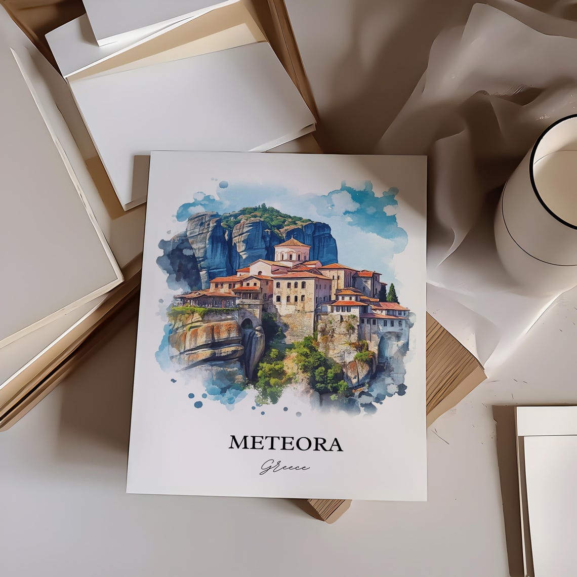 Meteora Greece Rock Pillar Monastery Watercolor Travel Poster - Image 3