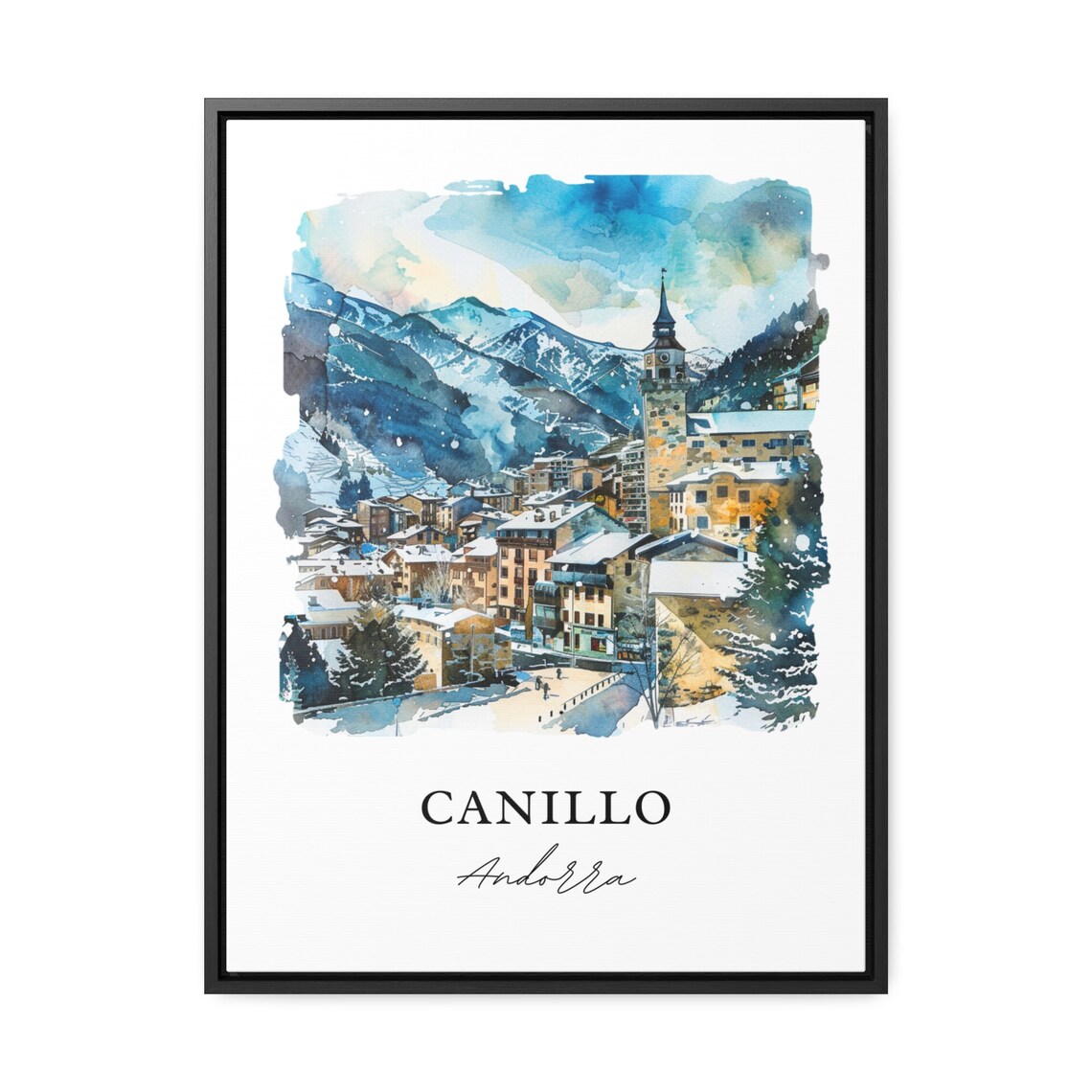 Canillo Andorra Snowy Mountain Village Watercolor Travel Poster - Image 3