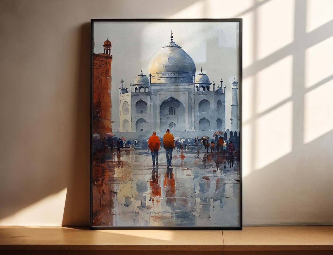Taj Mahal Agra India Watercolor Crowded Plaza Travel Art Poster
