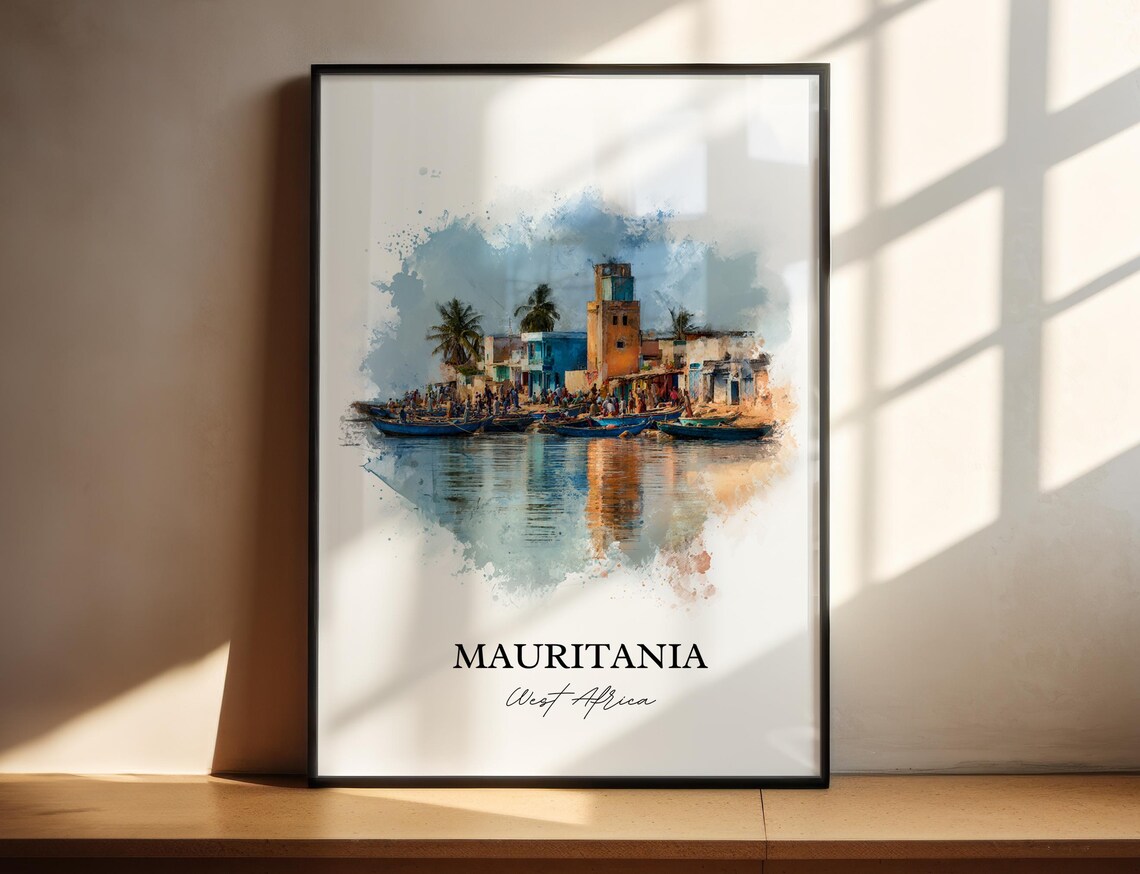 Mauritania West Africa Harbor Boats Waterfront Watercolor Poster